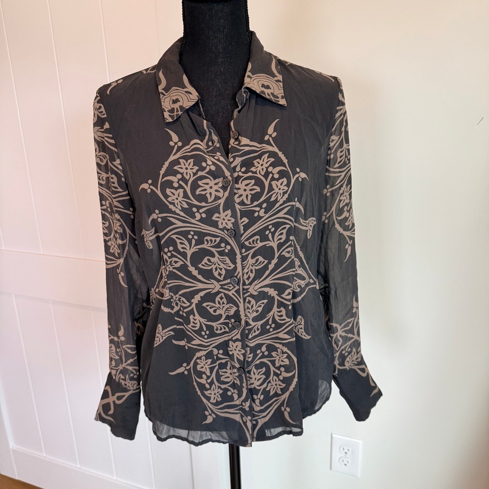Ecru 100% Silk Black Tan Damask Floral Print Button Front Blouse Size M
